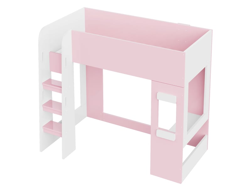  Lit mezzanine 90 × 200 cm, bureau, led, échelle large avec mains courantes, barrières hautes, mdf, rose et blanc  - Conforama E