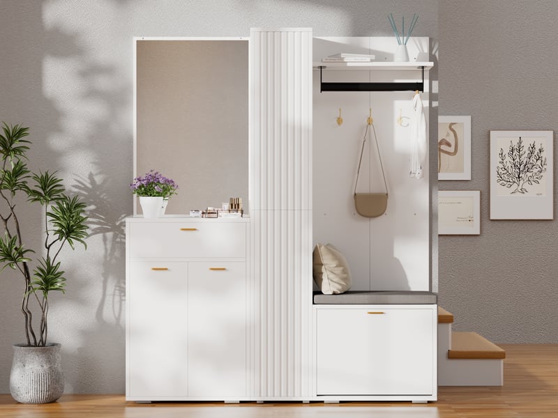  Meuble d'entrée avec 3 portes, miroir, penderie, banc et rangement en mdf 150×36×180 cm blanc  - Conforama B