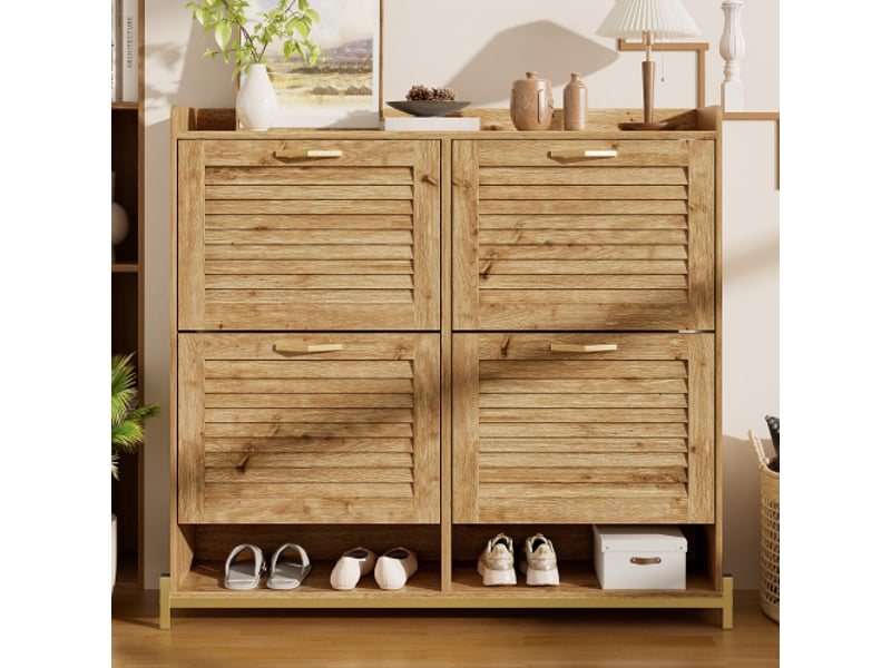  Meuble à chaussures moderne portes lattes bois 108,5x24x100cm – 4 portes, structure métallique, étagère, organi meuble a chaussure  - Conforama B
