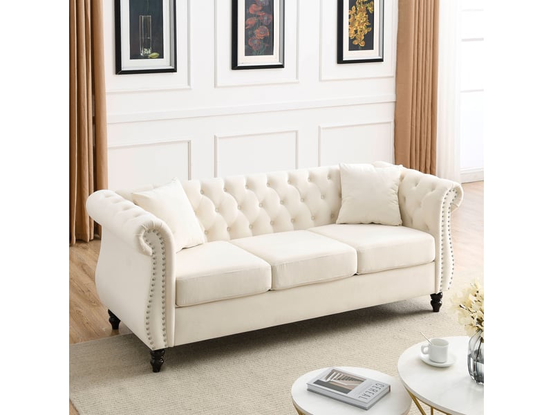  Canapé droit chesterfield 3 places en velours beige, dossier capitonné, accoudoirs arrondis, clous argentés, pieds en bois d’hévéa, assise à ressorts  - Conforama B