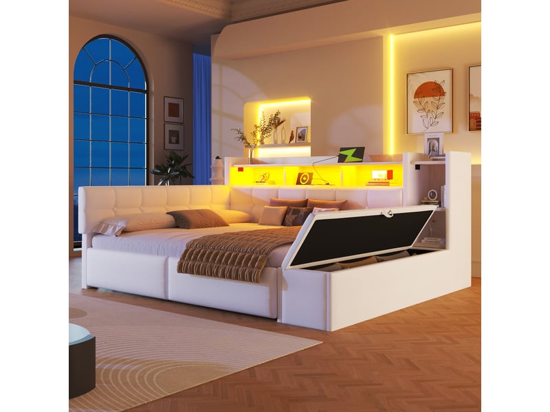  Lit banquette rembourré 140x190 cm, 2 tiroirs, banc coffre au pied, étagère intégrée, led multicolore, usb et usb-c, velours - blanc  - Conforama B
