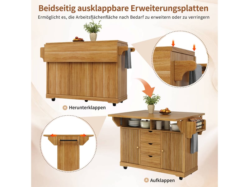  Desserte de cuisine avec rabats 3 tiroirs mdf et métal marron 142.5x80x95 cm N620CC260704C - Conforama E