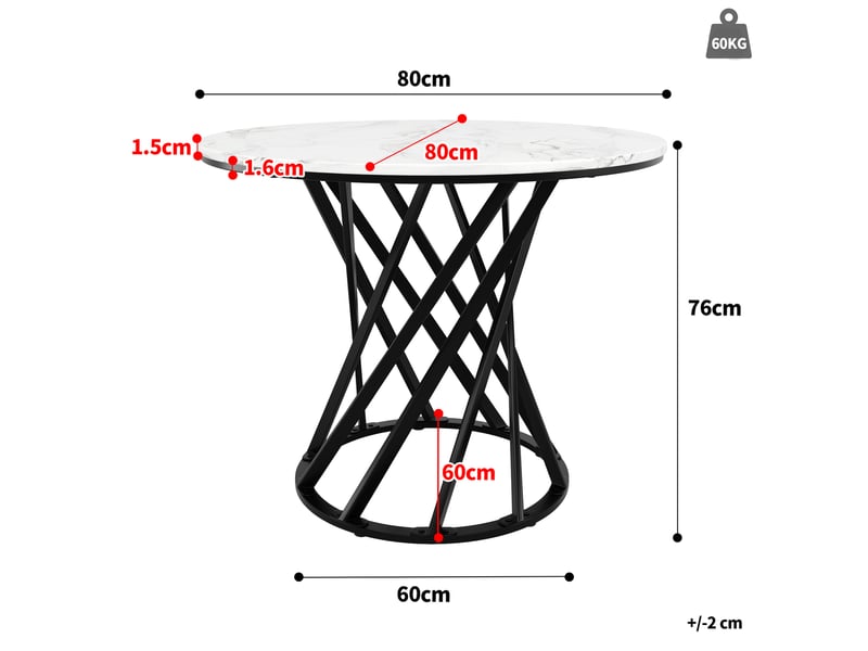  Table à manger ronde 80 x 80 x 76 cm pour 4, mdf effet marbre blanc et métal noir  - Conforama C