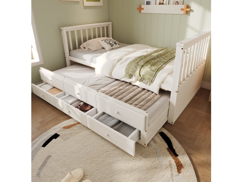  Modenvie lit gigogne enfant 90x200 cm - avec lit tiroir et 3 tiroirs de rangement - pour chambre d'enfant - blanc  - Conforama D