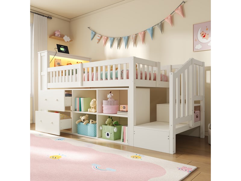  Lit mezzanine 90x200cm - lit enfant en bois avec escalier de rangement, led rgb, prises usb, 2 tiroirs &amp; étagères - blanc  - Conforama C