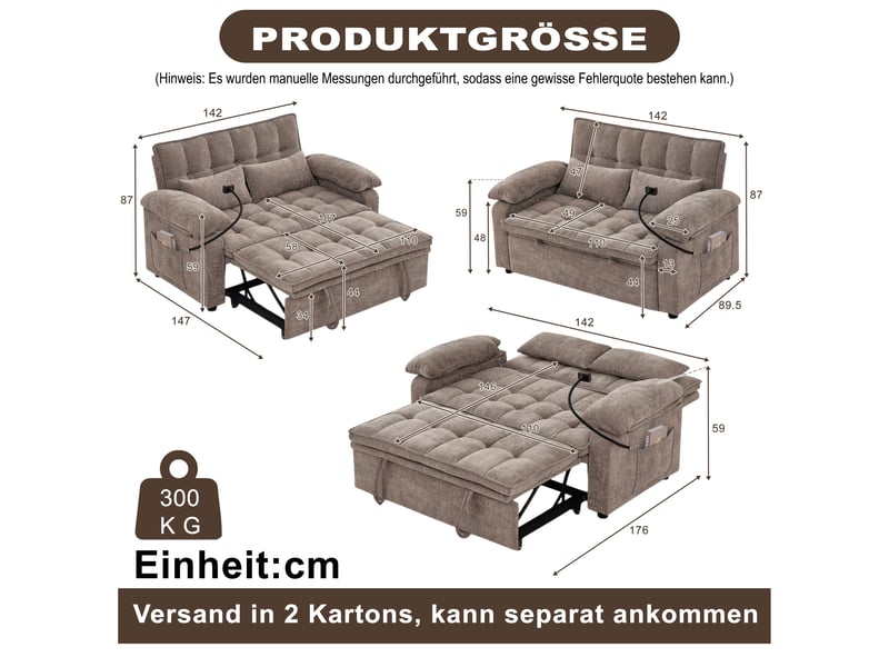  Canapé convertible 3-en-1 142 x 90 x 87 cm avec assise moelleuse, 2 coussins lombaires, tablette et porte-gobelet, chenille, marron OMNIGLINT TRADING LTD - Conforama D