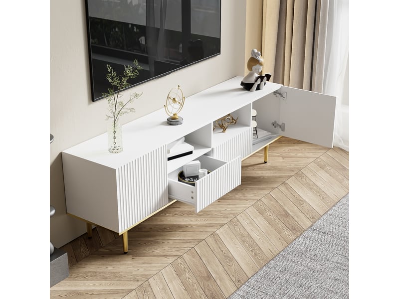 Meuble tv moderne avec pieds dorés et bordure dorée, 2 niches, 2 tiroirs, noir et or  - Conforama D