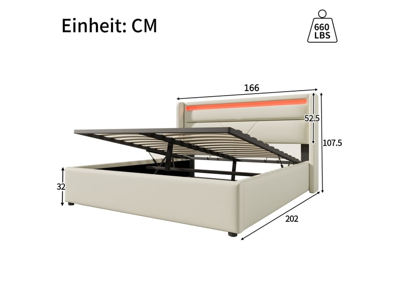  Lit coffre 160 × 200 cm 2 places avec led réglable, rangement hydraulique, matelas inclus, en pu blanc  - Conforama D