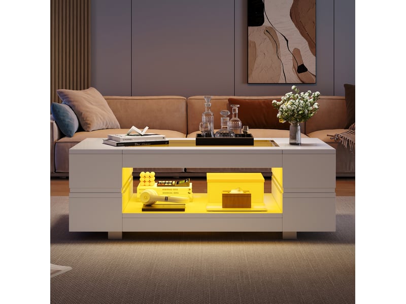  Table basse led blanche 100 x 50 x 35 cm avec rangement et application mobile  - Conforama B