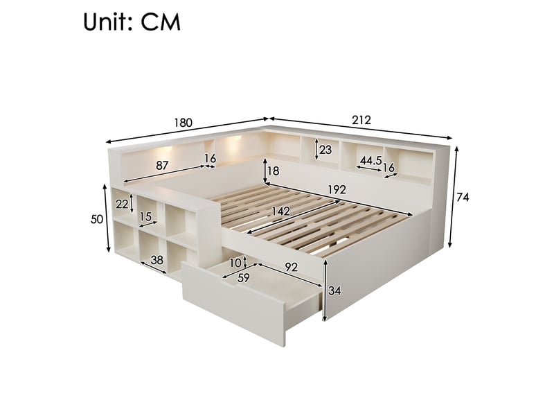  Lit double modenvie 140 x 190 cm avec rangement, éclairage de lecture et ports usb, blanc  - Conforama C