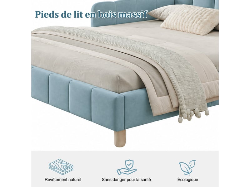 Lit simple rembourré 90x200 cm, lit enfant, barrière de sécurité, tête de lit rembourrée, support à lattes stable, velours bleu CozyNest - Conforama E