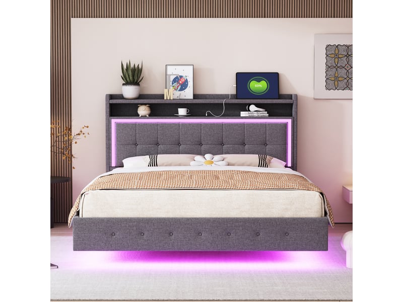  Lit rembourré 140x200 cm, lin gris, éclairage led, prise usb, pieds dissimulés, sans matelas et sommier solide  - Conforama C