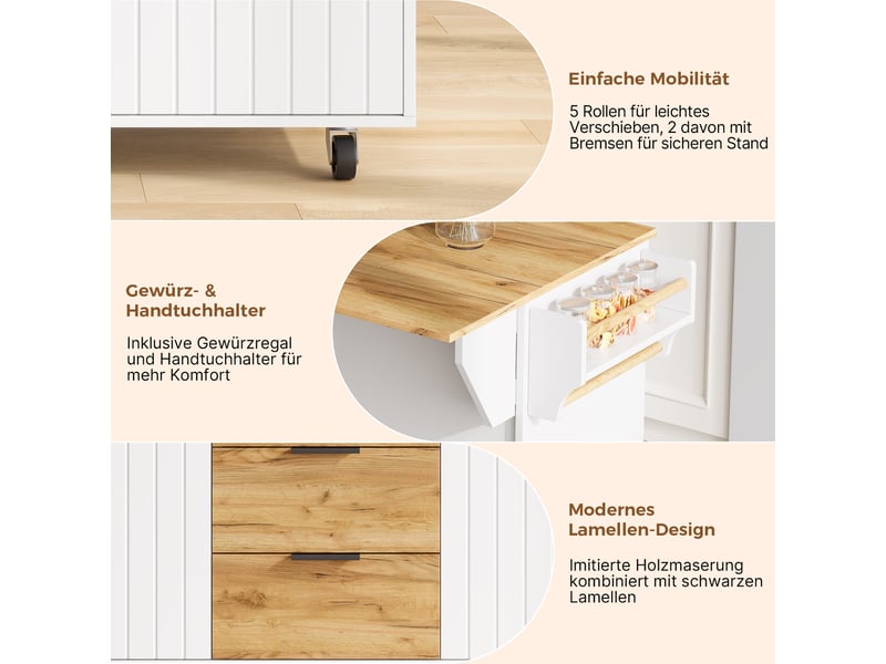  Îlot central cuisine avec plan de travail rabattable, desserte mobile à roulettes verrouillables 120x70x90 cm  - Conforama W