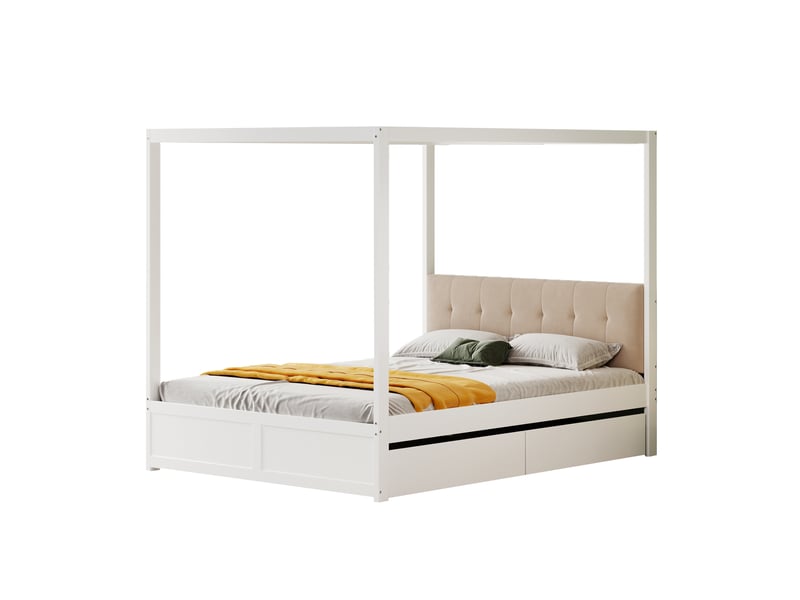  Lit cabane 140x200 blanc avec tiroirs et tête de lit rembourrée, sans matelas  - Conforama A