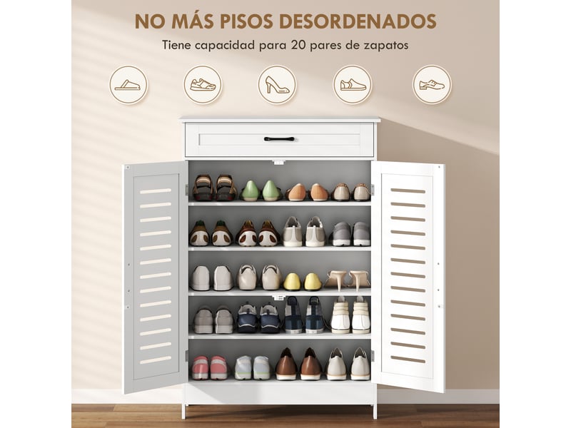  Meuble à chaussures avec portes en filet, tiroir et étagères réglables pour 20 paires de chaussures, 78 x 37 x 115,8 cm, blanc  - Conforama E