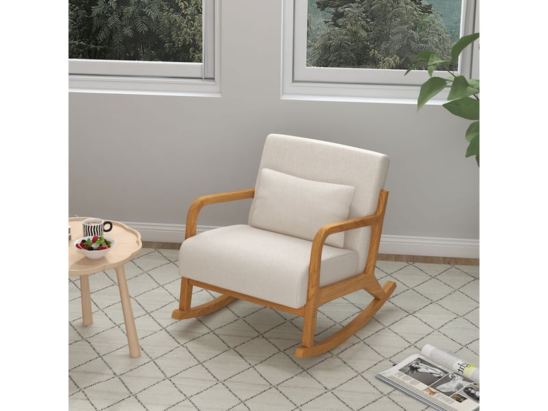  Fauteuil à bascule rembourré avec accoudoirs, fauteuil relax pour chambre et salon, structure en bois, blanc crème, 64,5x92x81,5 cm  - Conforama B
