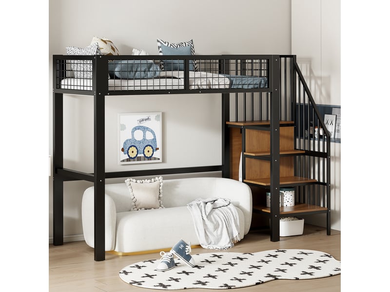  Modenvie lit mezzanine enfant 90x200 cm - avec armoire intégrée et échelle sécurisée, sans matelas - noir  - Conforama E