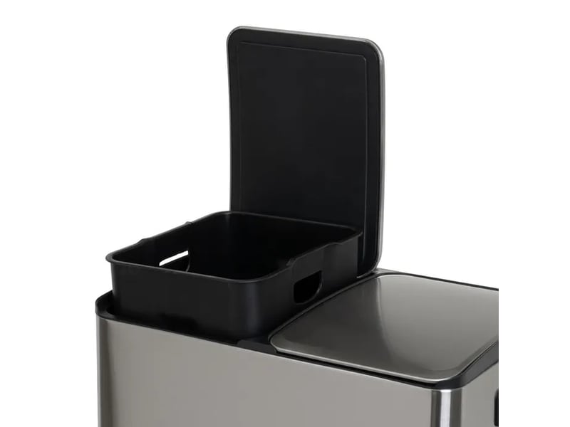 Poubelle de tri sélectif rectangulaire 60l (2x30l) à double compartiment en métal chrome anti-traces avec deux pédales indépendantes - longueur 45 x profondeur 36 x hauteur 71,5 cm - Conforama C