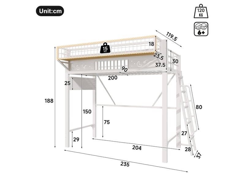  Lit mezzanine enfant 90x200 cm en métal blanc, rangements latéraux, échelle réversible pour chambre enfant, sans matelas  - Conforama C