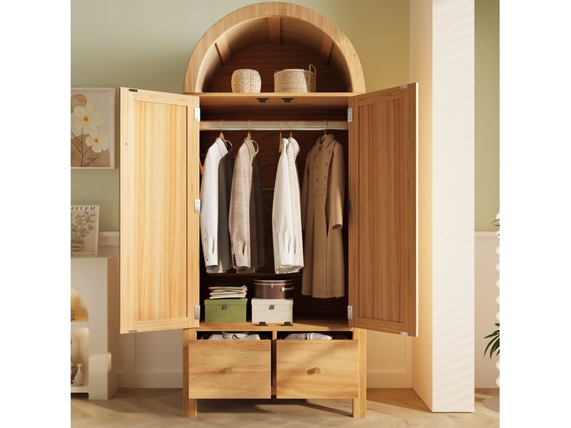  Armoire 181x78x45 cm effet chêne – style campagne – 2 portes, 2 tiroirs, penderie et rangement ouvert  - Conforama D