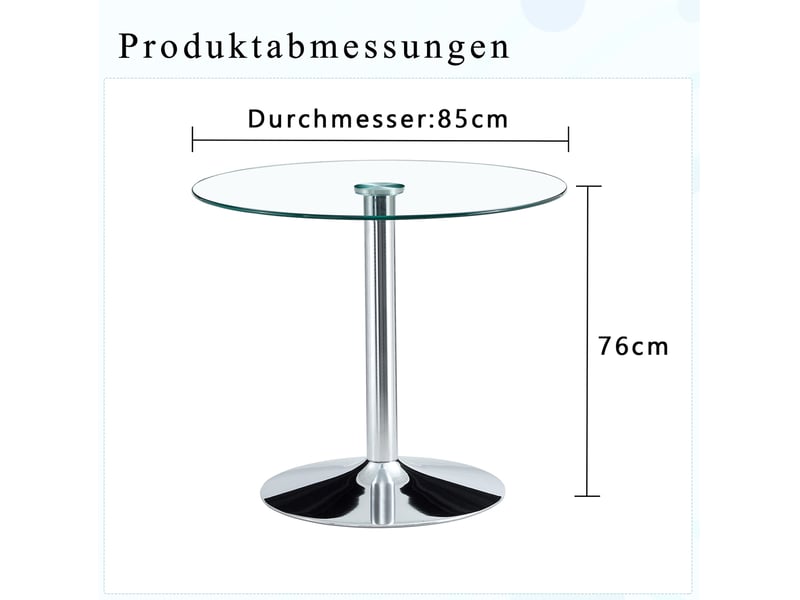  Table de salle à manger ronde en verre avec piètement métallique argenté pour cuisine, diamètre 85 cm, hauteur 76 cm  - Conforama E