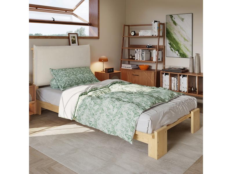  Lit capitonné, lit simple, lit enfant, tête de lit rembourrée avec fermeture velcro, sommier à lattes robuste, pieds de lit plus larges, pin + mousse + contreplaqué, naturel, 90 x 200 cm  - Conforama B