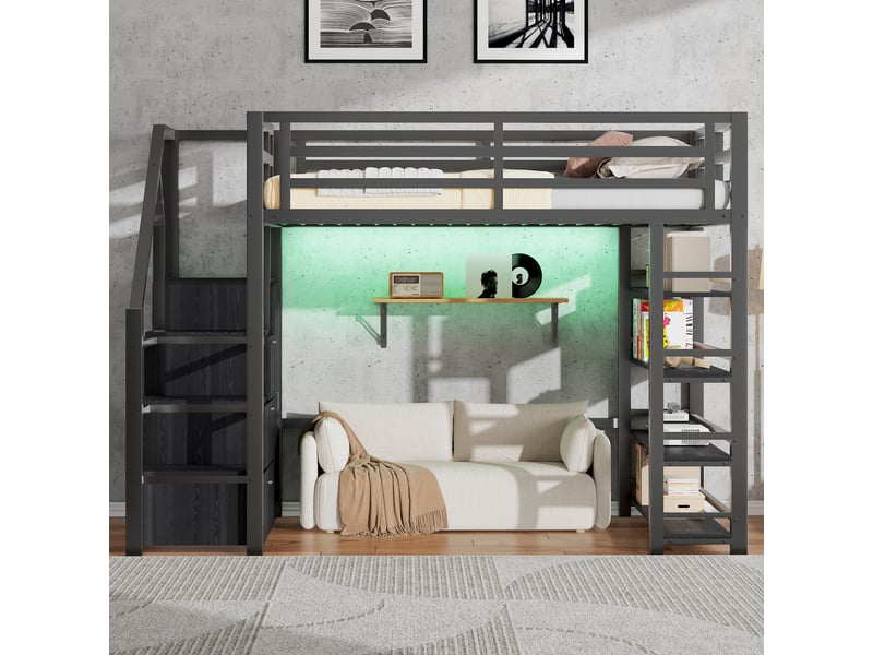  Lit mezzanine double 140×200 cm avec led réglable, étagères et armoire  - sans matelas, métal noir  - Conforama B