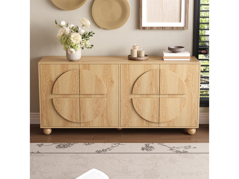 Buffet 4 portes avec étagères réglables - lpospi - relief circulaire mdf et pin naturel 160 × 38 × 76 cm - Conforama C