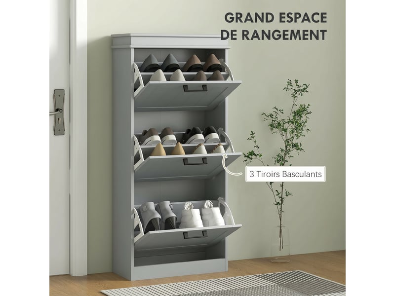  Meuble à chaussures, armoire à chaussures 3 portes abattants 15 paires, étagères réglables, gris, 54 x 24 x 117,5 cm  - Conforama A