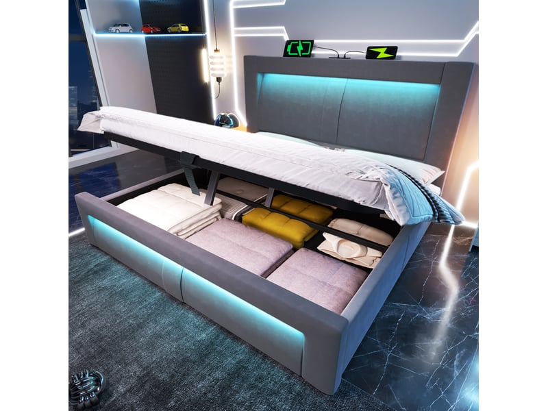  Lit double 160x200 cm gris en velours, rangement hydraulique, led, usb et type c, tête de lit courbée, avec matelas  - Conforama B