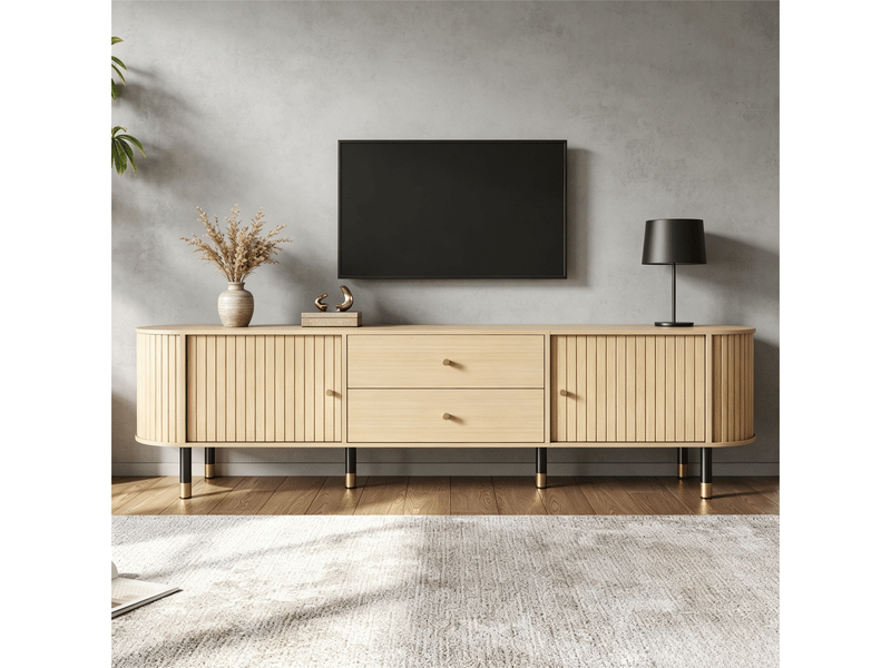  Meuble tv avec 2 portes coulissantes, 2 tiroirs et passe-câbles pour salon, finition bois naturel mat 180×40×58 cm  - Conforama B