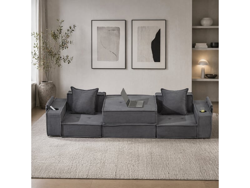  Canapé-lit modulable 2 places en velours côtelé gris foncé, avec coussins, poches latérales et porte-gobelets  - Conforama B