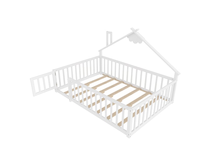 Lit enfant 140x190 cm avec barrière de sécurité, sommier à lattes, forme maison, blanc - Conforama D
