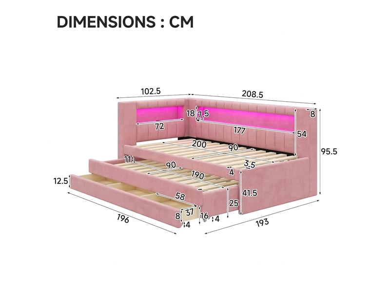  Lit banquette 90x200 rose avec led et usb, lit gigogne avec 3 tiroirs sans matelas  - Conforama C