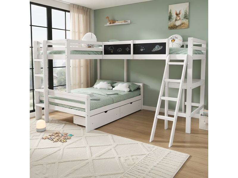  Lit superposé en bois massif blanc 90x200 cm+140x200 cm  - Conforama B