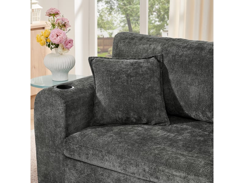  Canapé droit 2 places en tissu chenille noir avec rangement latéral et porte-gobelet intégré pour salon moderne  - Conforama W