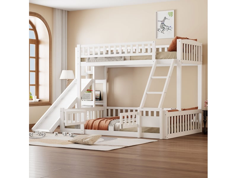  Lit superposé enfant 90x200 cm et 140x200 cm avec toboggan blanc  - Conforama E