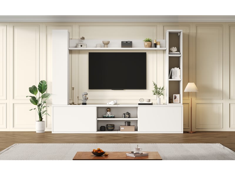  Ensemble de meubles tv 180x35x33.5 cm avec vitrines 4 pièces, étagère sur pied et 2 étagères murales, meuble multimédia comprenant  - Conforama R