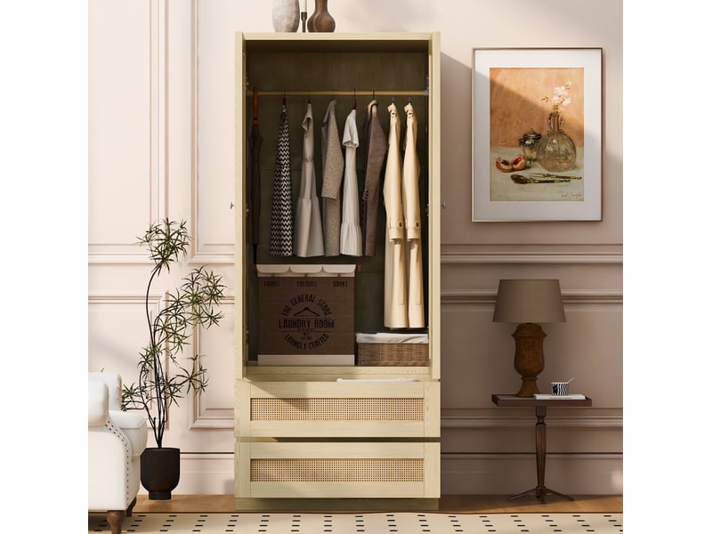 Armoire avec 2 portes, 2 tiroirs et compartiment, portes aspect rotin, pour chambre, finition bois, 70 × 55 × 170 cm - Conforama C