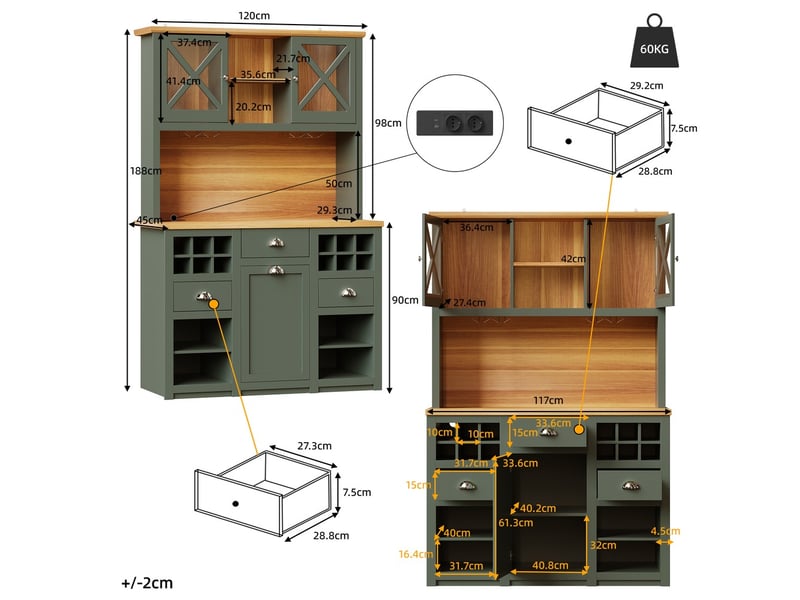  Armoire de cuisine haute 120 x 45 x 188 cm, avec portes en verre, éclairage led, porte-bouteilles, étagères réglables, vert  - Conforama D