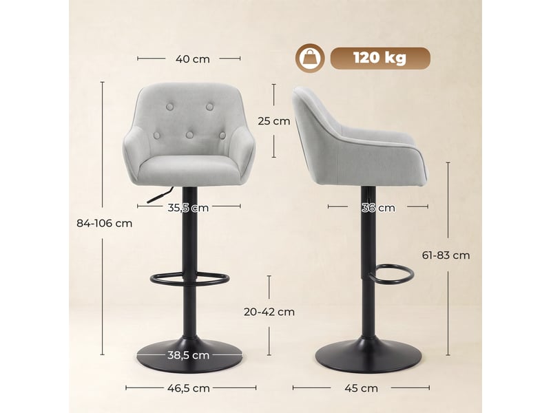  Tabourets de bar lot de 2, chaises de bar en chenille, hauteur réglable, pivotant 360°, dossier et repose-pieds, gris  - Conforama C