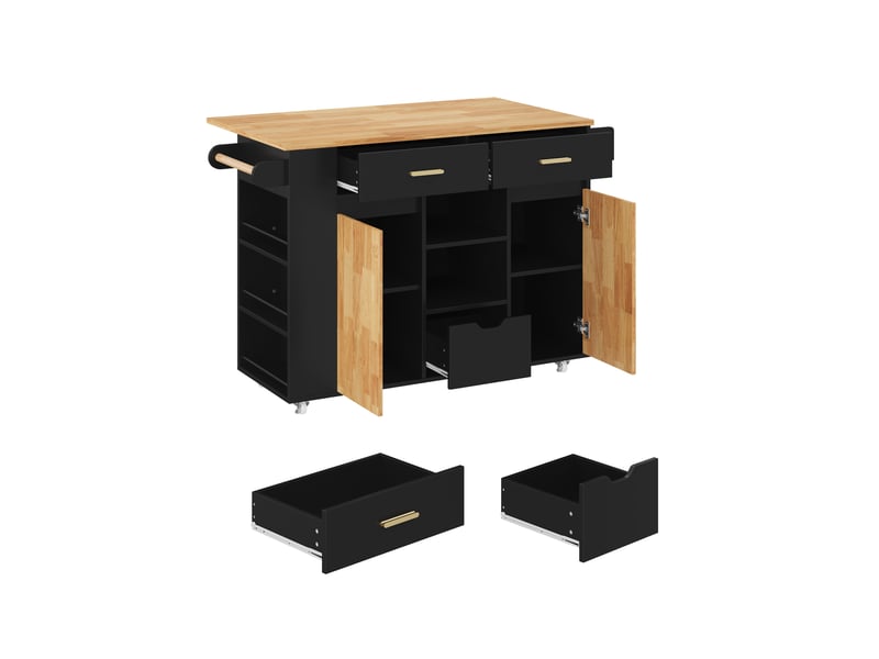  Îlot de cuisine mobile noir et bois naturel en mdf, plateau rabattable, roulettes verrouillables, 120 × 45 (71) × 90 cm  - Conforama D