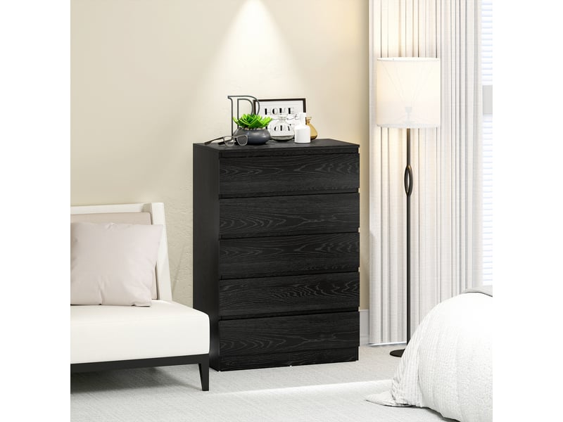  Commode 5 tiroirs pour chambre, salon ou bureau, style moderne, 77 x 40 x 111,5 cm, aspect bois noir.  - Conforama C