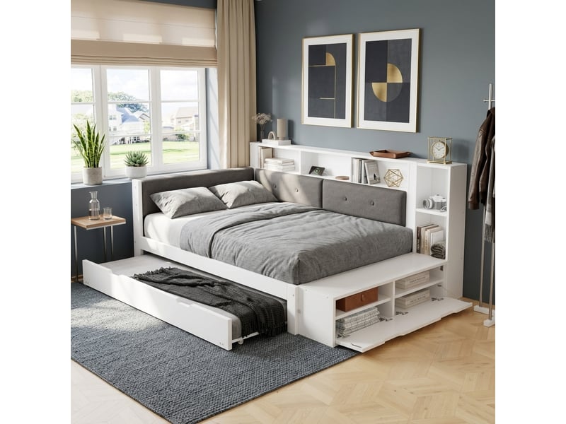  Lit combiné 120x200 cm avec lit gigogne 90x190 cm, lit fonctionnel avec rangement et tiroir, lit simple ado avec tête de lit rembourrée blanc  - Conforama E