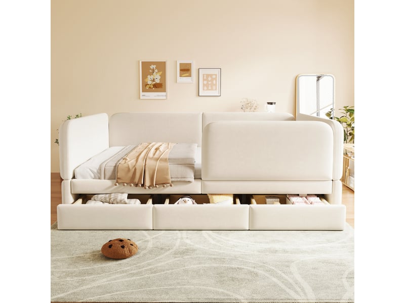  Lit enfant, 140x200 cm, espace nuit, bords arrondis, tiroirs de rangement, matelas non inclus, velours, coloris beige  - Conforama D
