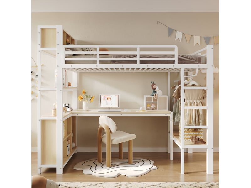  Lit combiné 1 place 90 × 200 cm avec bureau, tringle, étagères et rangements, sans matelas, blanc, mdf métal  - Conforama D