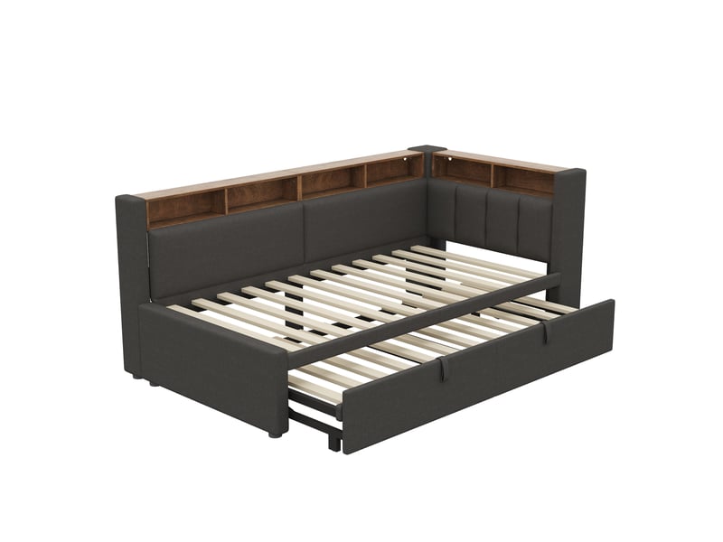  Canapé-lit rembourré 90x200 cm extensible 180x200 cm,éclairage led,tête de lit d'angle avec rangement,lit de jour,tissu lin,sans matelas,gris  - Conforama E