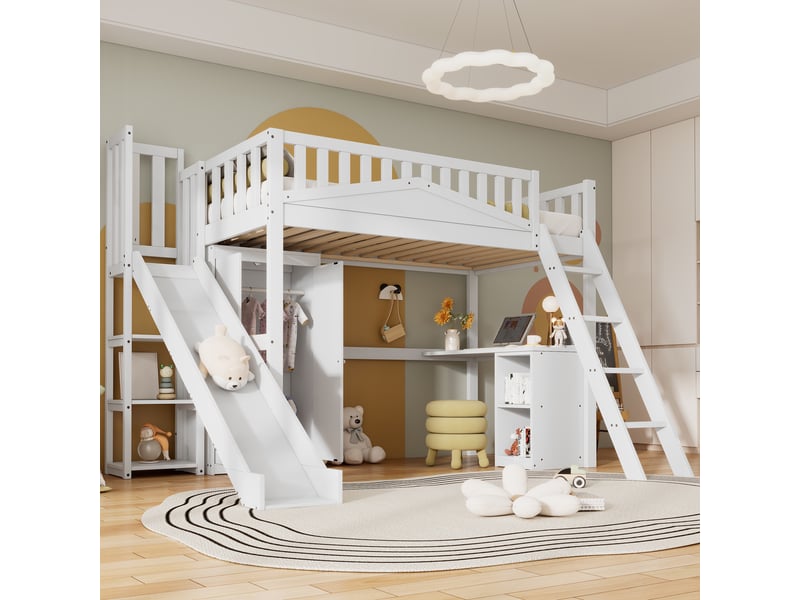  Lit mezzanine 90x200 cm, lit enfant avec toboggan bureau et armoire intégrée, gain de place en bois de pin et mdf, blanc  - Conforama B