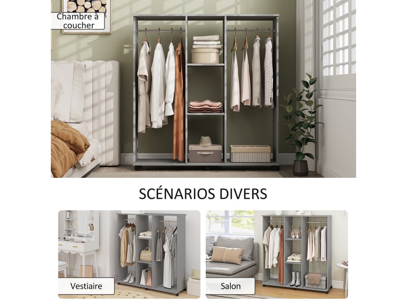  Armoire penderie meuble de rangement mobile 6 roulettes 120 x 40 x 128 cm gris en bois  - Conforama E