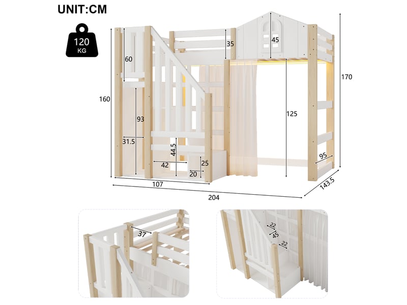 Lit mezzanine 90x200 cm avec rangements led et garde-corps, lit enfant avec sommier à lattes en pin blanc et naturel - Conforama E